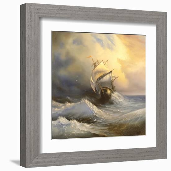 Ancient Sailing Vessel In Stormy Sea-balaikin2009-Framed Art Print