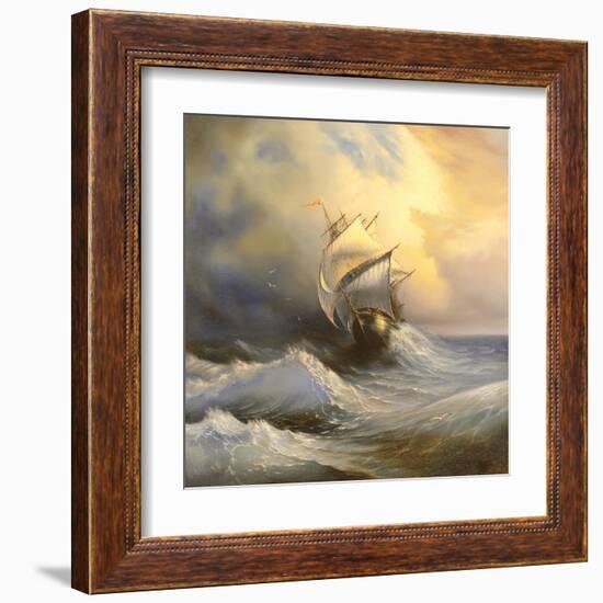 Ancient Sailing Vessel In Stormy Sea-balaikin2009-Framed Art Print