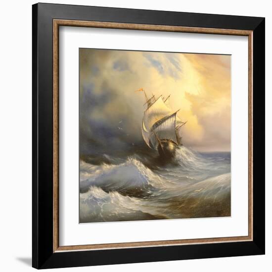 Ancient Sailing Vessel In Stormy Sea-balaikin2009-Framed Art Print