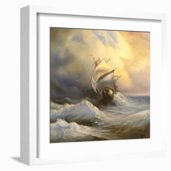 Ancient Sailing Vessel In Stormy Sea-balaikin2009-Framed Art Print