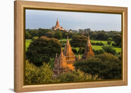 Ancient temple and pagoda rising out of the jungle at sunrise, Bagan, Mandalay Region, Myanmar-Keren Su-Framed Premier Image Canvas