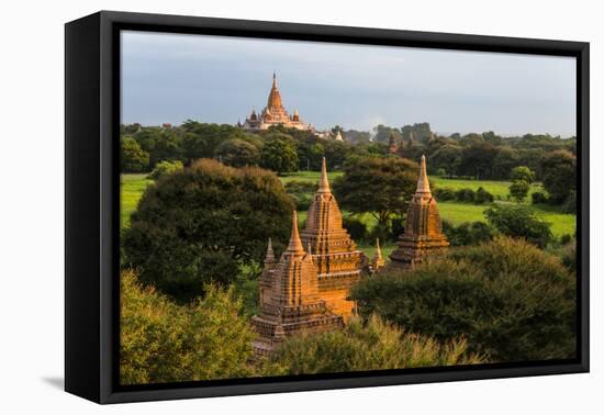 Ancient temple and pagoda rising out of the jungle at sunrise, Bagan, Mandalay Region, Myanmar-Keren Su-Framed Premier Image Canvas