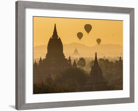 Ancient Temple City of Bagan (Pagan) and Balloons at Sunrise, Myanmar (Burma)-Peter Adams-Framed Photographic Print