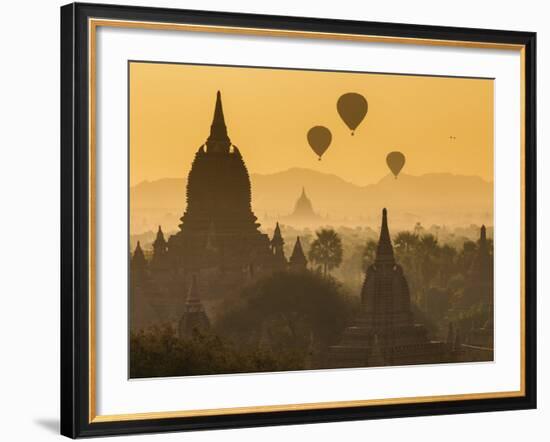 Ancient Temple City of Bagan (Pagan) and Balloons at Sunrise, Myanmar (Burma)-Peter Adams-Framed Photographic Print