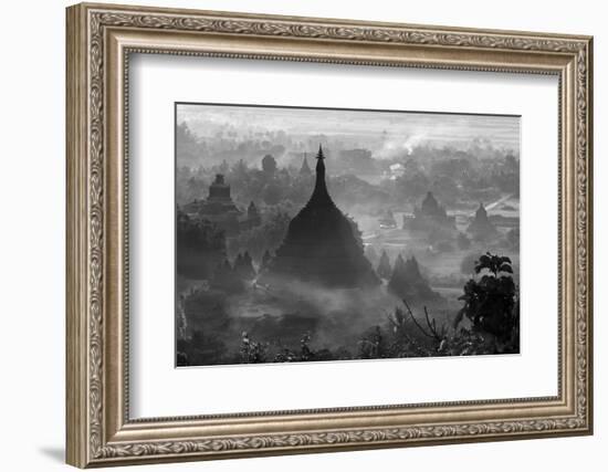 Ancient temples and pagodas in the jungle rising above sunset mist, Mrauk-U, Rakhine State, Myanmar-Keren Su-Framed Photographic Print