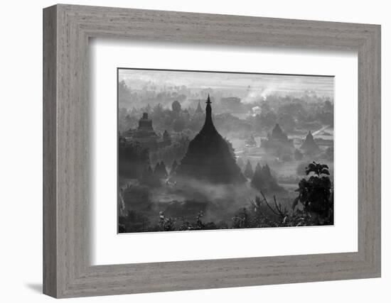 Ancient temples and pagodas in the jungle rising above sunset mist, Mrauk-U, Rakhine State, Myanmar-Keren Su-Framed Photographic Print