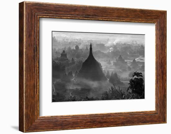 Ancient temples and pagodas in the jungle rising above sunset mist, Mrauk-U, Rakhine State, Myanmar-Keren Su-Framed Photographic Print