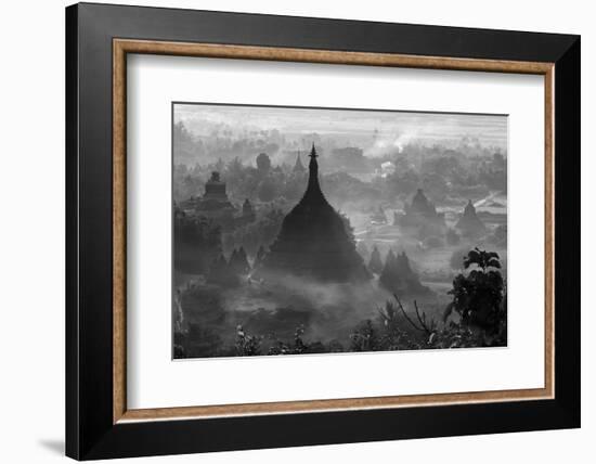 Ancient temples and pagodas in the jungle rising above sunset mist, Mrauk-U, Rakhine State, Myanmar-Keren Su-Framed Photographic Print