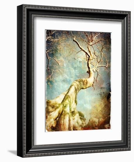 Ancient Tree Of Cambodian Temple - Artistic Retro Picture-Maugli-l-Framed Premium Giclee Print