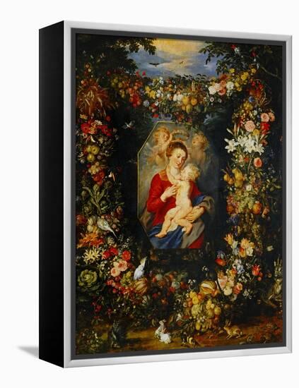 And Jan Brueghel: Mary Virgin and Child with Wreath of Flowers and Fruits-Peter Paul Rubens-Framed Premier Image Canvas