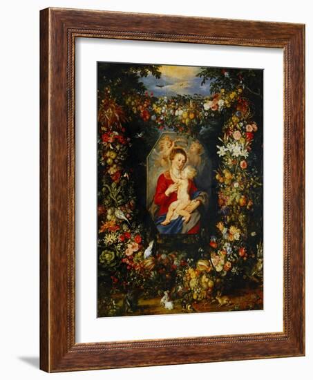 And Jan Brueghel: Mary Virgin and Child with Wreath of Flowers and Fruits-Peter Paul Rubens-Framed Giclee Print