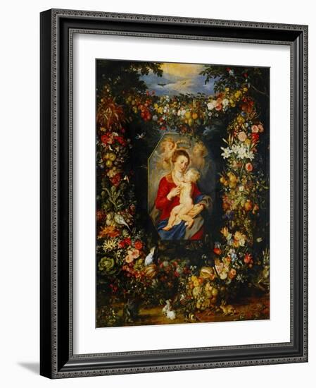 And Jan Brueghel: Mary Virgin and Child with Wreath of Flowers and Fruits-Peter Paul Rubens-Framed Giclee Print