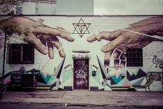 Graffiti of Michelangelo´s God and Adam´s hands in Williamsburg, Brooklyn, New York, USA-Andrea Lang-Framed Photographic Print