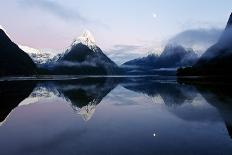 New Zealand, Nuova Zelanda, Fiordland, Milford Sound and Moon During a Cold and Misty Sunrise.-Andrea Pozzi-Framed Premier Image Canvas