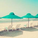 Vintage Summer Beach with Pink Pastel Parasols-Andrekart Photography-Photographic Print
