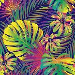 Tropical Exotic Palm Leaves on Striped Black White Background-Andriy Lipkan-Art Print