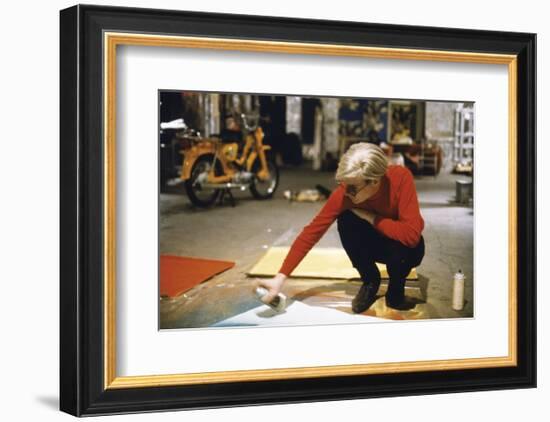 Andy with Spray Paint and Moped, The Factory, NYC, circa 1965-Nat Finkelstein-Framed Art Print