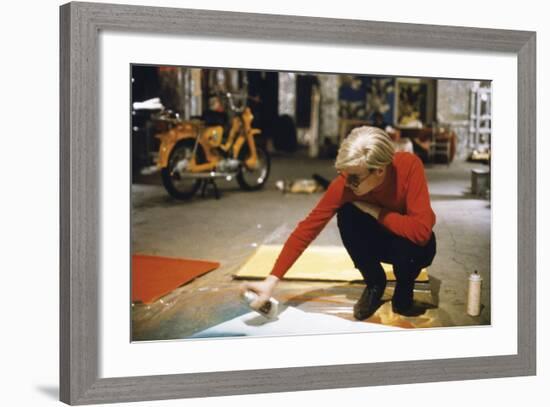 Andy with Spray Paint and Moped, The Factory, NYC, circa 1965-Andy Warhol/ Nat Finkelstein-Framed Art Print