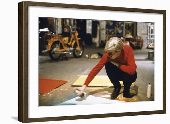 Andy with Spray Paint and Moped, The Factory, NYC, circa 1965-Andy Warhol/ Nat Finkelstein-Framed Art Print