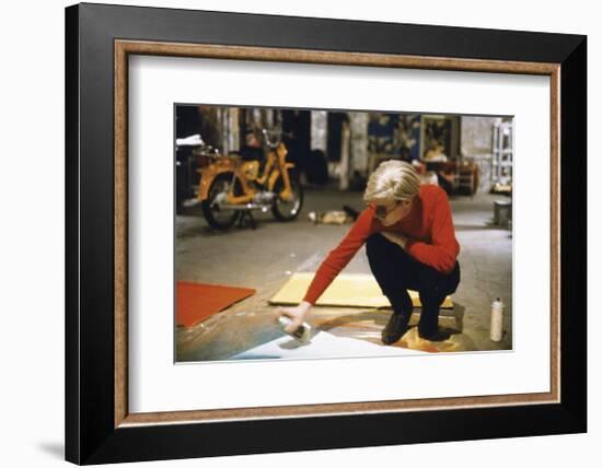 Andy with Spray Paint and Moped, The Factory, NYC, circa 1965-Andy Warhol/ Nat Finkelstein-Framed Giclee Print