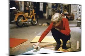 Andy with Spray Paint and Moped, The Factory, NYC, circa 1965-Andy Warhol/ Nat Finkelstein-Mounted Giclee Print