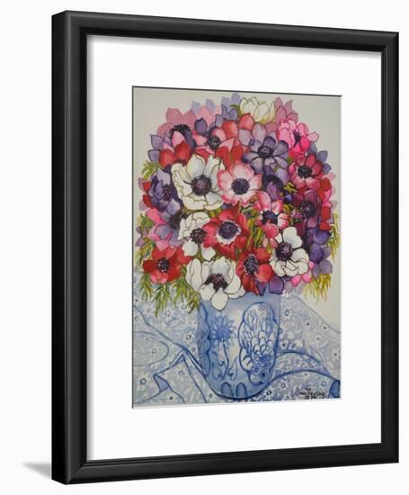 Anemones in a Blue and White Pot, with Blue and White Textile-Joan Thewsey-Framed Giclee Print