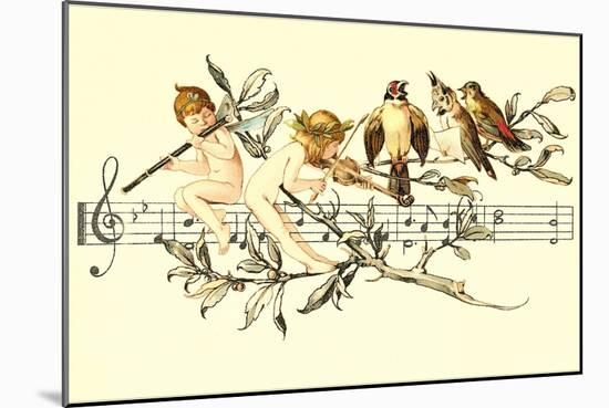 Angel and Bird Chorus on Staff-null-Mounted Art Print