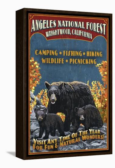 Angeles National Forest - Wrightwood, California - Black Bears Vintage Sign-Lantern Press-Framed Stretched Canvas