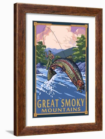 Angler Fly Fishing Scene - Great Smoky Mountains-Lantern Press-Framed Art Print