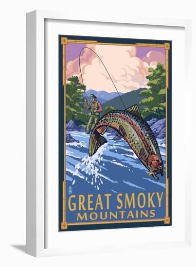 Angler Fly Fishing Scene - Great Smoky Mountains-Lantern Press-Framed Art Print