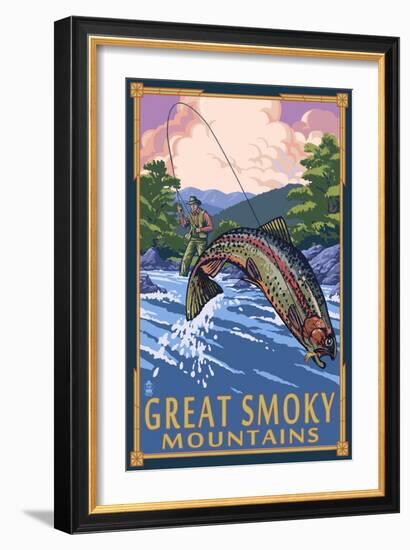 Angler Fly Fishing Scene - Great Smoky Mountains-Lantern Press-Framed Art Print
