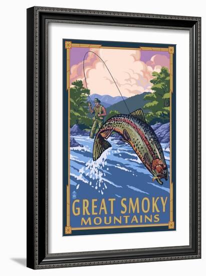 Angler Fly Fishing Scene - Great Smoky Mountains-Lantern Press-Framed Premium Giclee Print