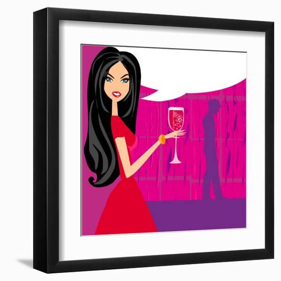 Angry Woman in Bar with Man Silhouette Drinking Cocktail-JackyBrown-Framed Art Print