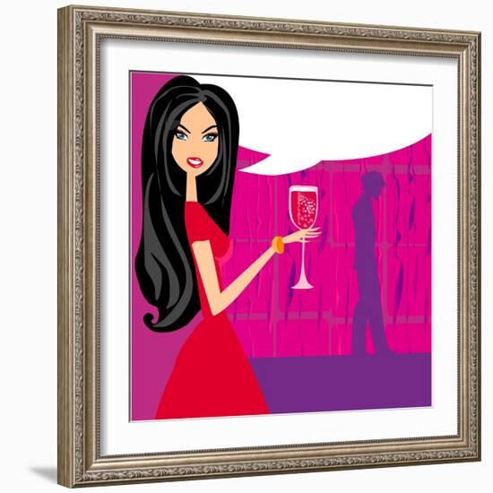 Angry Woman in Bar with Man Silhouette Drinking Cocktail-JackyBrown-Framed Art Print