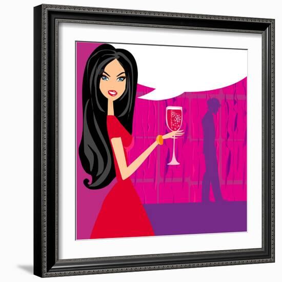 Angry Woman in Bar with Man Silhouette Drinking Cocktail-JackyBrown-Framed Art Print