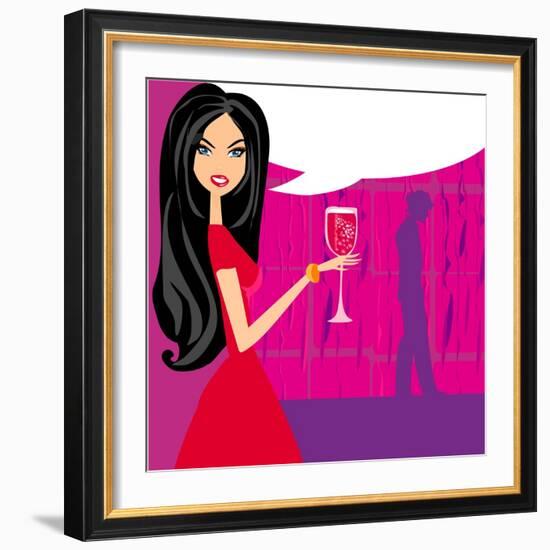 Angry Woman in Bar with Man Silhouette Drinking Cocktail-JackyBrown-Framed Art Print