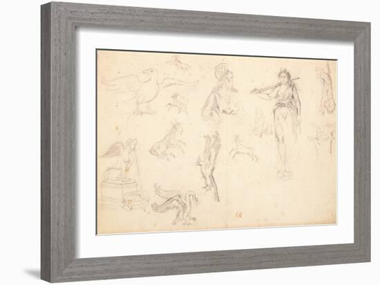 Animal and Figure Studies (Black Chalk on Laid Paper)-Ferdinand Victor Eugene Delacroix-Framed Giclee Print