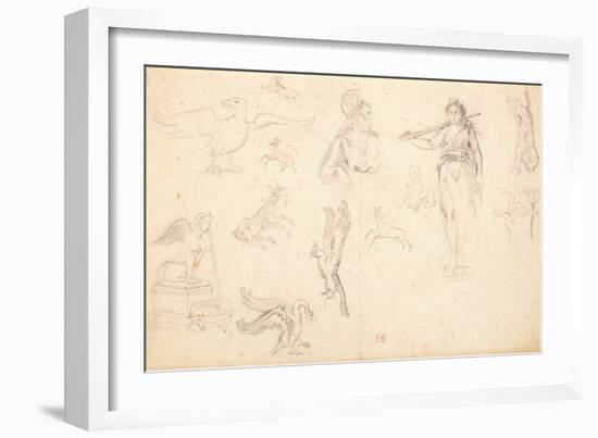 Animal and Figure Studies (Black Chalk on Laid Paper)-Ferdinand Victor Eugene Delacroix-Framed Giclee Print