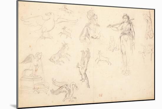 Animal and Figure Studies (Black Chalk on Laid Paper)-Ferdinand Victor Eugene Delacroix-Mounted Giclee Print