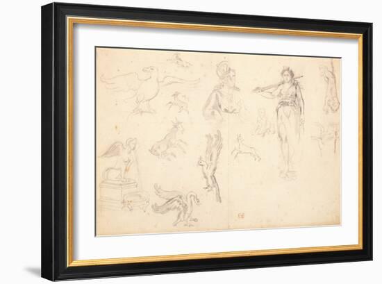 Animal and Figure Studies (Black Chalk on Laid Paper)-Ferdinand Victor Eugene Delacroix-Framed Giclee Print