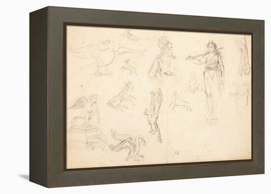 Animal and Figure Studies (Black Chalk on Laid Paper)-Ferdinand Victor Eugene Delacroix-Framed Premier Image Canvas
