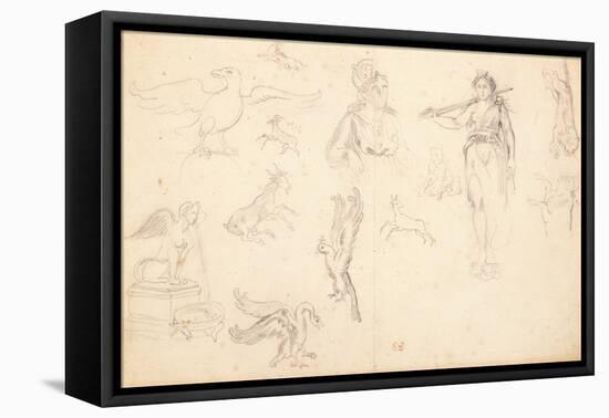 Animal and Figure Studies (Black Chalk on Laid Paper)-Ferdinand Victor Eugene Delacroix-Framed Premier Image Canvas