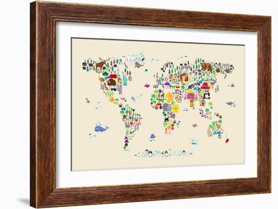 Animal Map of the World for children and kids-Michael Tompsett-Framed Art Print