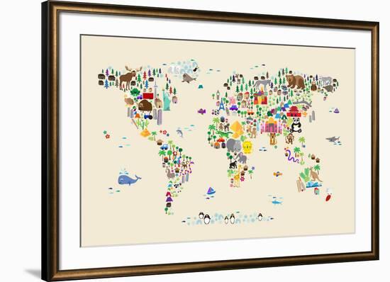 Animal Map of the World for children and kids-Michael Tompsett-Framed Art Print