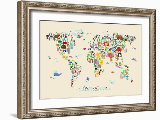 Animal Map of the World for children and kids-Michael Tompsett-Framed Premium Giclee Print