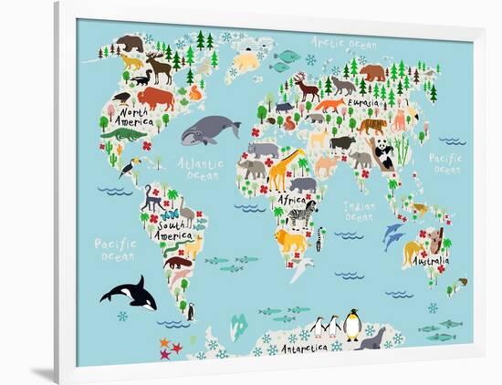 Animal Map of the World for Children and Kids-Moloko88-Framed Premium Giclee Print