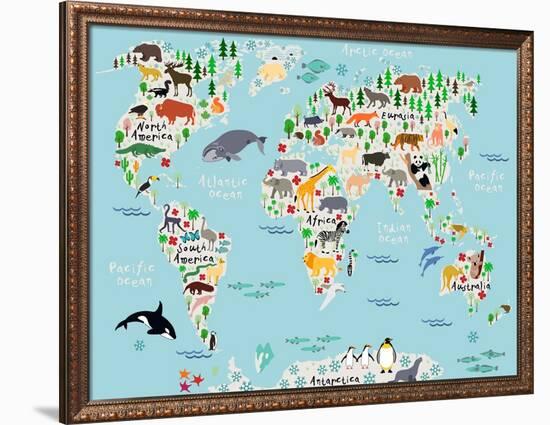 Animal Map of the World for Children and Kids-Moloko88-Framed Premium Giclee Print