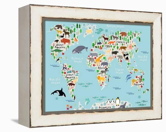 Animal Map of the World for Children and Kids-Moloko88-Framed Stretched Canvas