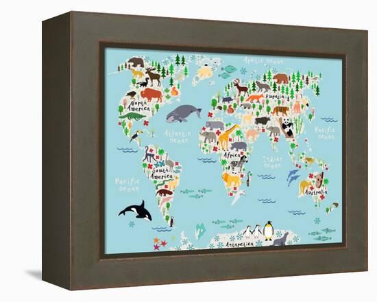 Animal Map of the World for Children and Kids-Moloko88-Framed Stretched Canvas