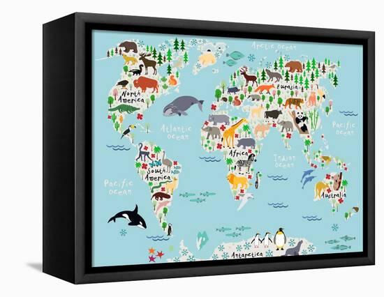 Animal Map of the World for Children and Kids-Moloko88-Framed Stretched Canvas